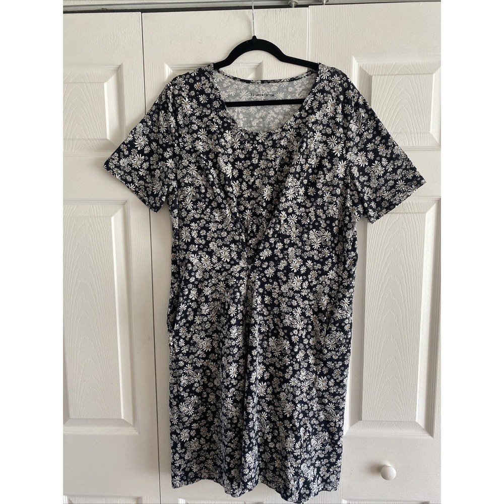 Peter Hahn Womens EU22 Black Daisy Green Cotton Short Sleeve Mini Floral Cottage